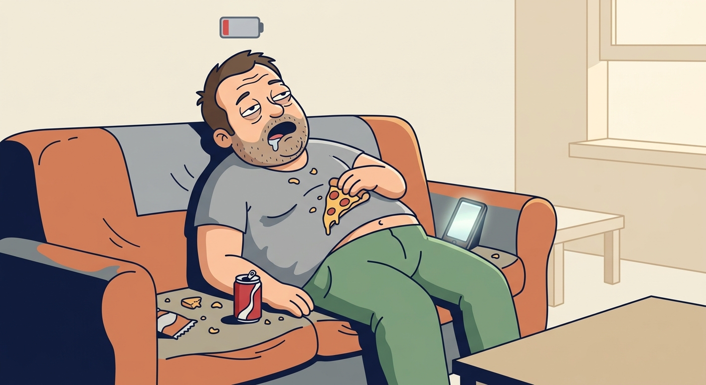 The depleted state — sluggish cartoon man on couch